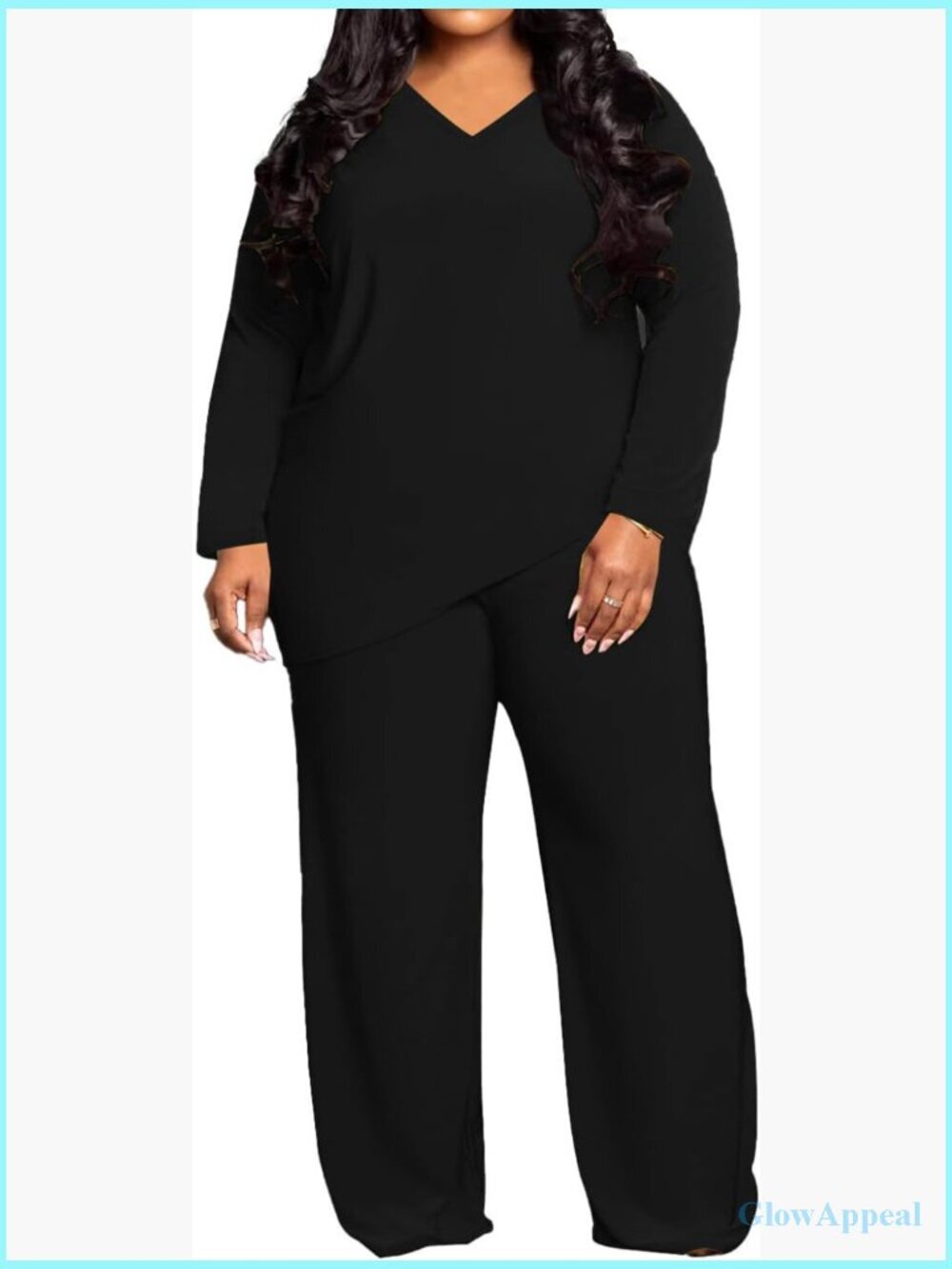 Plus Size Lounge Set Baggy 2 Piece Sweatsuit Long Sleeve Wide Leg Pants V-Neck